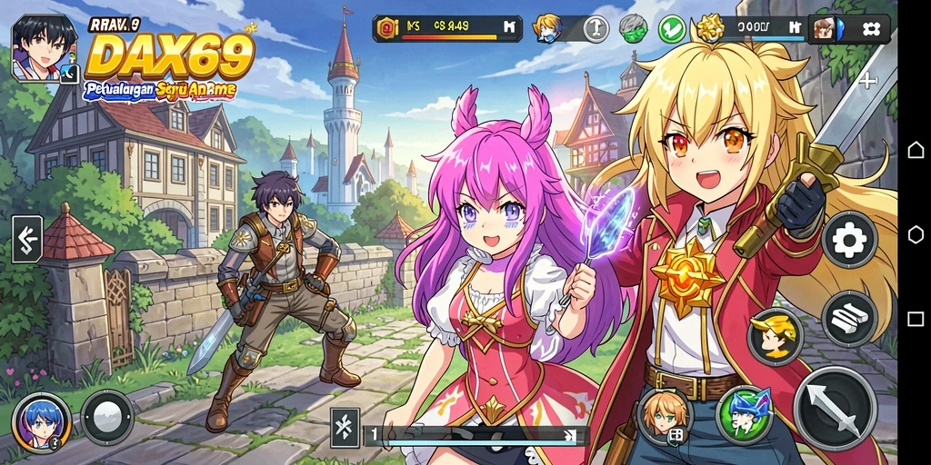 Tampilan gameplay DAX69 yang penuh warna dan karakter anime.