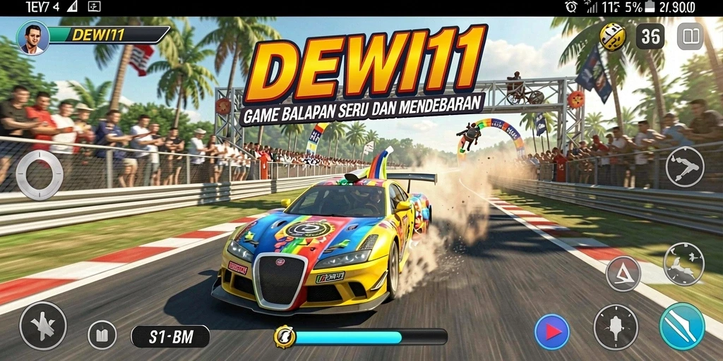 Screenshot gameplay DEWI11 yang menunjukkan aksi balapan seru.