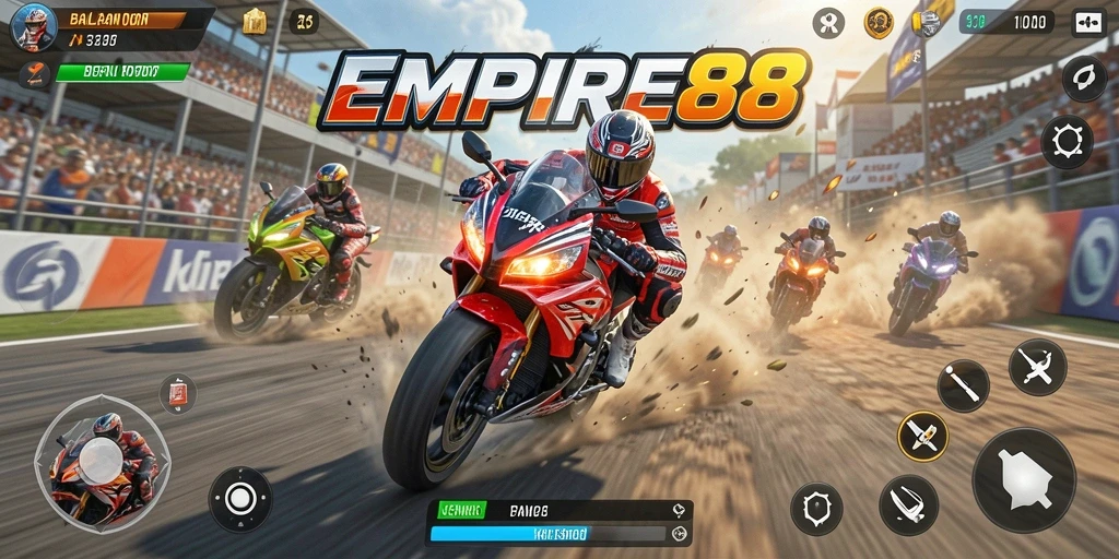 Screenshot gameplay EMPIRE88 menampilkan aksi balapan motor seru.