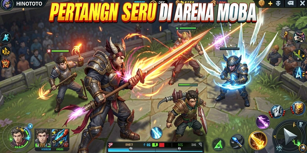 Gameplay seru HINOTOTO dalam pertarungan MOBA.