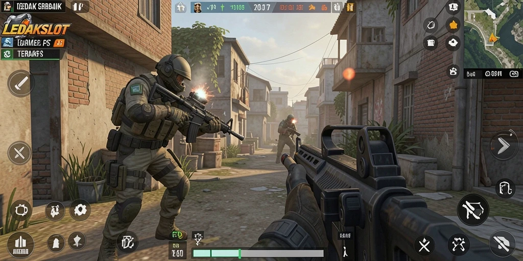 Screenshot LEDAKSLOT menampilkan pertempuran seru dalam game FPS.