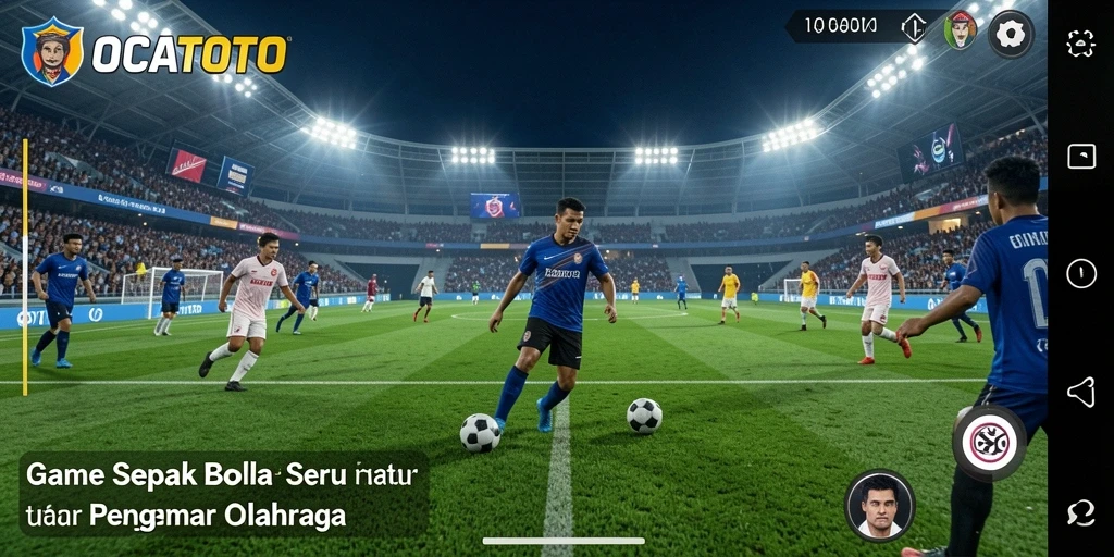 Tampilan gameplay seru dalam OCATOTO yang menampilkan aksi sepak bola.