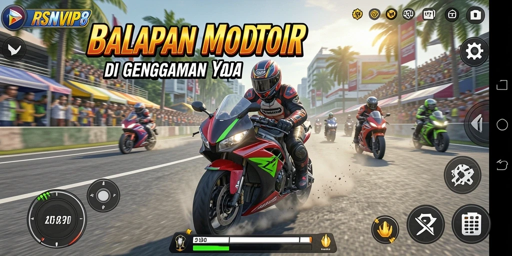 Tangkapan layar gameplay RSNVIP8 menampilkan balapan motor yang seru dan mendebarkan.